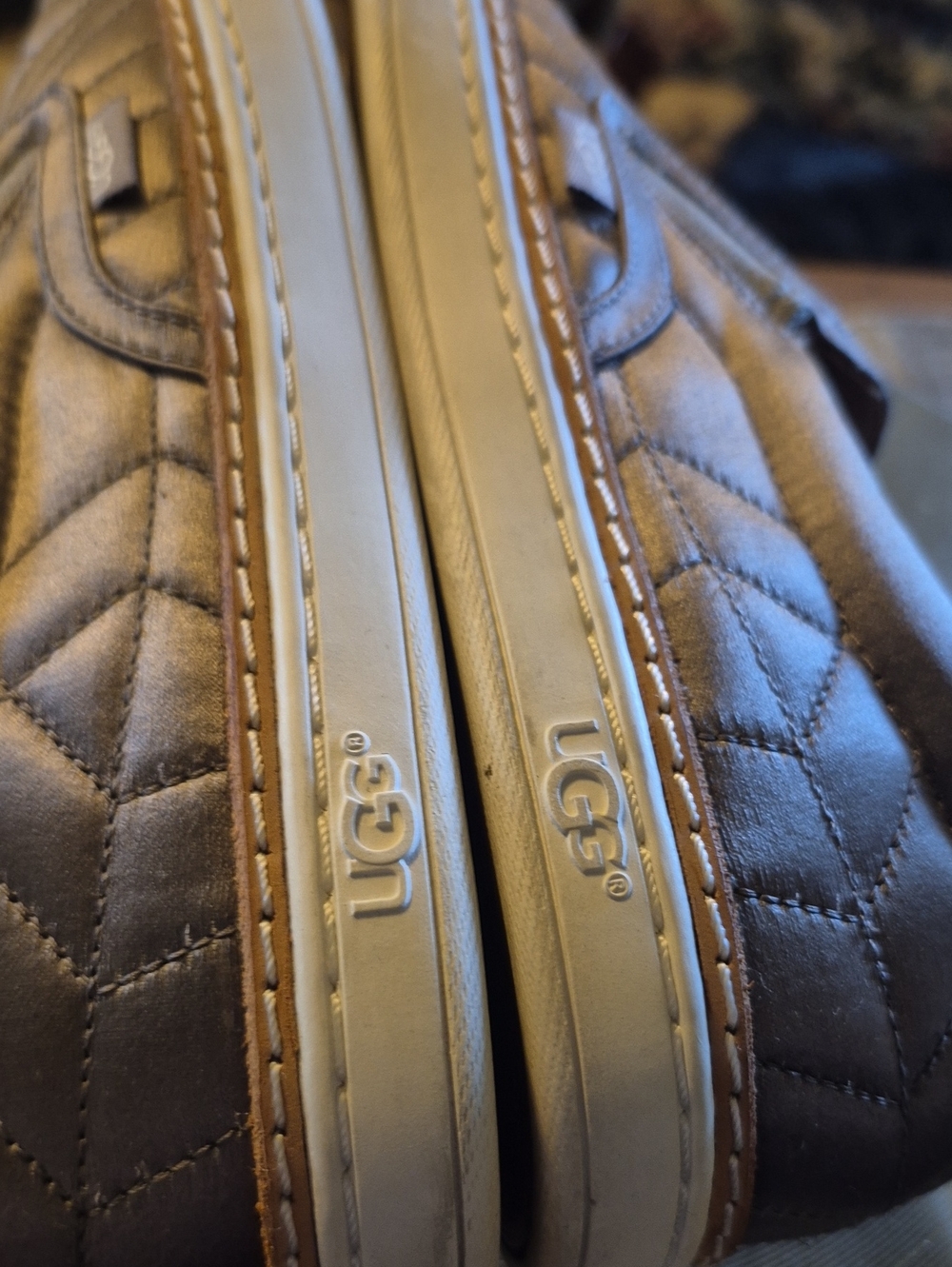 UGG "Soleda": Satin quilted slip-on sneakers. , Silver Grey color.EC(#1856S) - Picture 14 of 16
